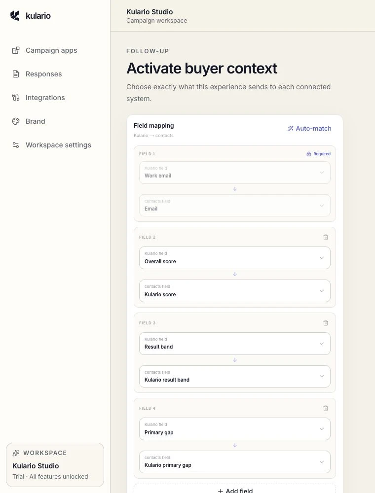 Kulario field mapping editor showing Work email, Overall score, Result band, and Primary gap mapped to HubSpot Contact properties