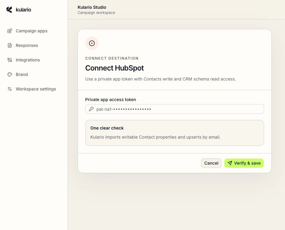 Kulario HubSpot connection form showing the private app access token field