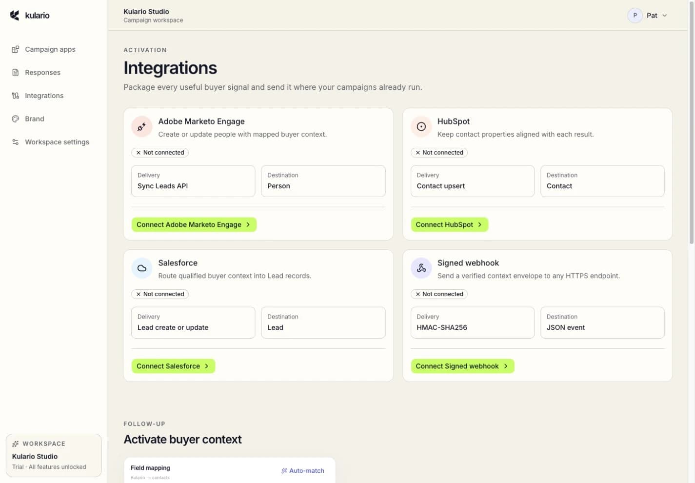 Kulario Integrations page showing Marketo, HubSpot, Salesforce, and Signed webhook connection cards