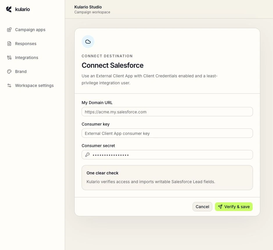Kulario Salesforce connection form showing the My Domain URL, Consumer key, and Consumer secret fields