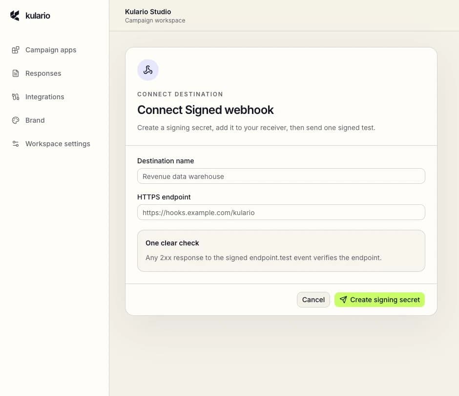 Kulario signed webhook connection form showing destination name and HTTPS endpoint fields